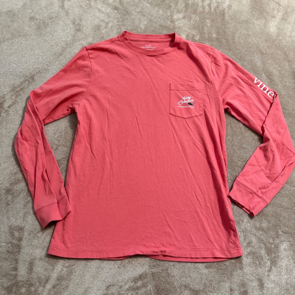 Vineyard Vines Kids Large 16 Merry Christmas Station Wagon LS Pocket Tee Coral